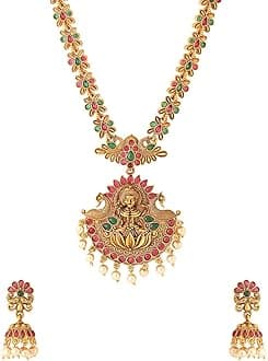 Yellow ChimesJewellery Set for Women Gold Plated Traditional Temple Jewelry Set Antique Necklace Set with Earrings and Maangtikka for Women and Girls