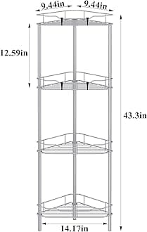 HuggieGems 4 Tier Floor Standing Corner Shower Caddy Organizer Shelf with Hooks, Bathroom Shelves Stand Rack, Silver