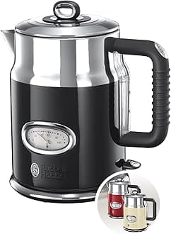 Russell Hobbs Kettle [1.7 L, 2400 W] Retro Black & Polished Stainless Steel (Quick Boil Function, Water Temperature Display in Retro Design, External Water Level Indicator) Vintage Tea Maker 21671-70