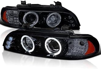 SPEC-D TUNING Black Smoke LED Dual Angel Eyes Projector Headlights Compatible with 1996-2003 BMW E39 5-Series Models Without OE Xenon Headlights, Left + Right Pair Headlamps Assembly