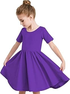 - Girls Short Sleeve Dress Summer Kids Toddler Skater Twirl A Line Solid Color T-Shirt Dress for School Casual 3-12 Y