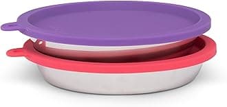 Messy Cats 4pc Set with Two Stainless Saucer Shaped Bowls and Two Silicone Lids, 1.75 Cups Per Bowl, Watermelon and Purple Lids