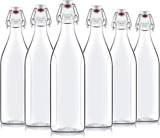 Giara Swing Top Bottles 33 ¾ Ounce/1 Liter (6 Pack) ROUND Clear Glass Grolsch Flip Top Bottle With Stopper