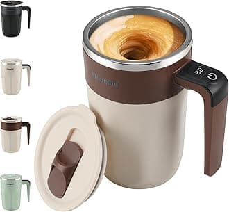 Mongdio Self Stirring Coffee Mug with Fahrenhite Temperature Display, Rechargeable Stirring Mug, Automatic Self Stirring Cup with Lid, For Coffee, Milk and Other Beverages, Brown