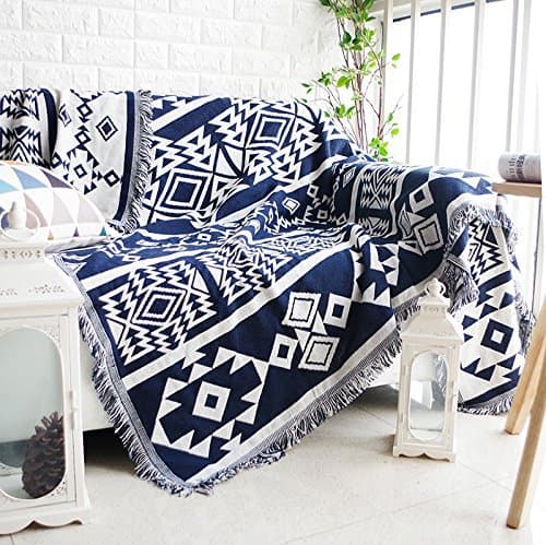 Dulcii Multi-function Decorative Throw Blanket Sofa Towel Cotton Warm Slipcover 130 x 180cm (Dark Blue and Beige Pattern)