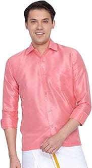Men's Pink Silk Blend Ethnic Shirt Full Sleeves, South Indian Traditional Chennai/Madras Shirt, For Festive, Wedding, Casual & Party Wea (S - XL)