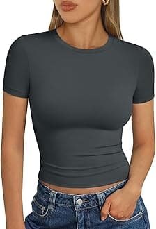 Womens Short Sleeve T Shirts - Buttery Soft Summer Crop Tops Slim Fit Y2k Basic Tees for Workout
