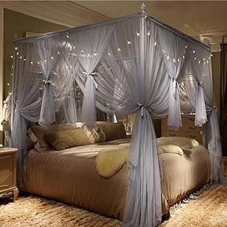 Mengersi Gray Canopy Bed Curtains King Size - 4 Opening Mosquito Net Cozy Bed Drapes Bedroom Decoration