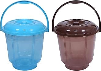 Kuber Industries Colorful Homeware Bucket| Plastic Bucket|Transparent Bucket with Lid & Handle for Bathroom,Home Use,13 litre,Pack of 2 (Sky Blue & Brown)
