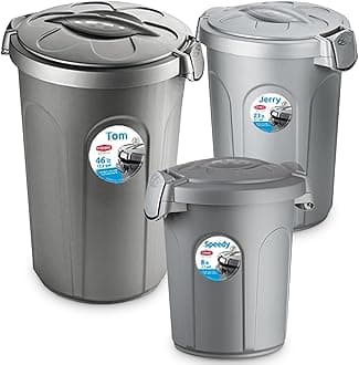 Home Centre Indoor Outdoor Clip On Locking Lid Set of 3 Grey Plastic Waterproof Waste Bin Garden Garage Office Kitchen Home Suitable Dustbin Sturdy Heavy Duty Rubbish Recycle Sortation 8l 23l 46l