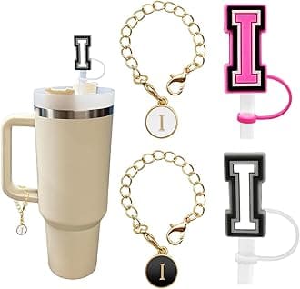 （2+2）2PCS Straw Cover for Stanley Cup 30&40 Oz 10mm Straw Topper with 2PCS Stanley Cup Accessories Letter Charms Name ID Initial Letter Handle Personalized Charm For Stanley Tumbler (Letter I)