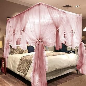 Joyreap Bed Canopy with 4 Corners, Pink Bed Canopy, Cozy Curtains - Mosquito Net with 4 Openings - Cute Princess Bedroom Decoration (59" W x 78" L, Full/Queen)
