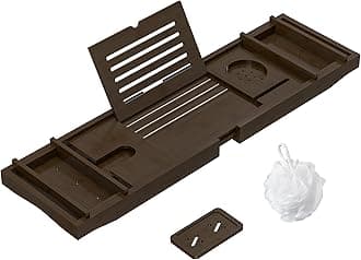 Bamboo Bathtub Tray Bath Tub Caddy with Expandable Handles Wine Glass Phone Holder Book Stand for Bathroom Luxury Spa Wooden Bath Table Board for Reading Laptop Over The Clawfoot tub Espresso