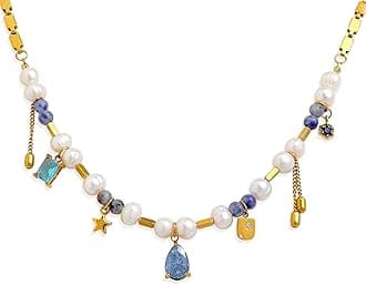 Gold Charm Pendent Choker Necklace for Women, Trendy Emerald Pearl Blue Charms Rhinstone Necklaces Prom Holiday Fashion Jewelry Birthday Gift