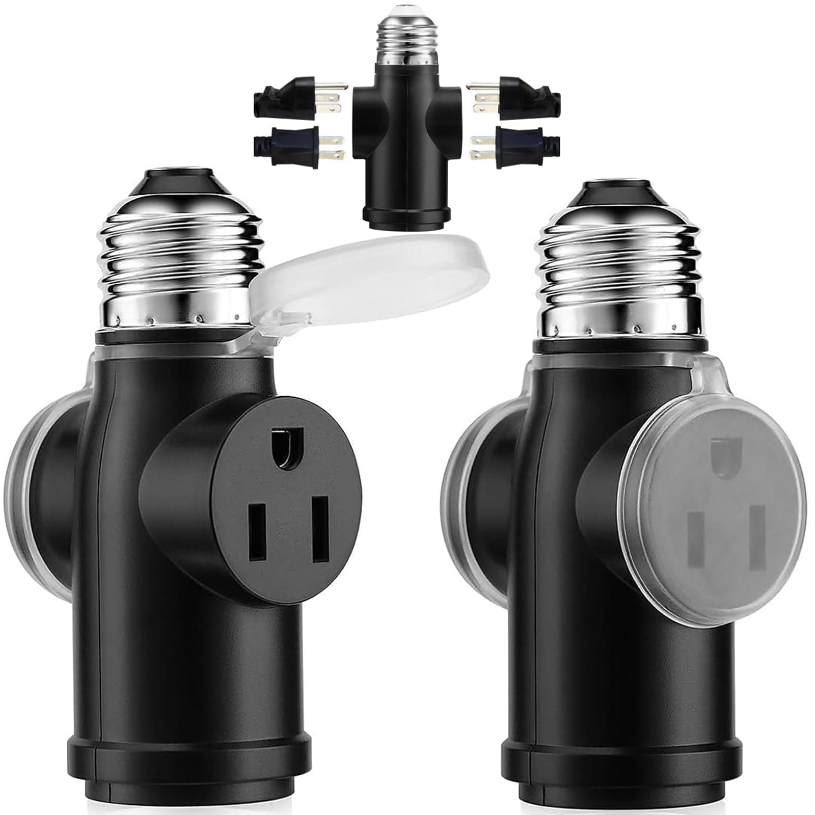Onite 2-Pack Light Socket Outlet Adapter – Convert E26 Socket to 3-Prong Plug Outlet with Bulb Socket Kept, Dust-Proof Cover, Flame Retardant PBT, Indoor & Outdoor Use, Black