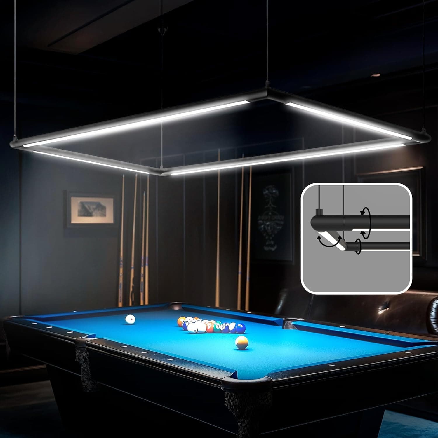 Professional LED Billiard Pool Table Light Flicker Free Adjustable Height Bright White 5000K Rectangular