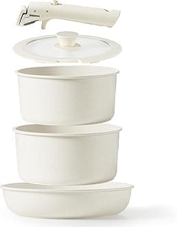 CAROTE 5pcs Pots and Pans Set Non Stick, Cookware Sets, Kitchen Set, Oven/Dishwasher/Fridge Safe, Space Saving Pots Set, Nonstick Set with Versatile Detachable Handle, Induction RV Set, Cream