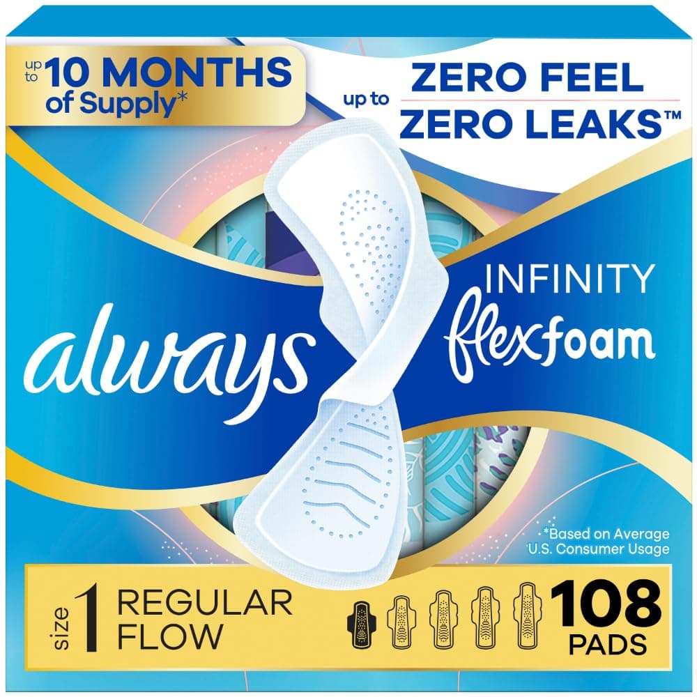 Always Infinity Size 1 Pads with Wings, Regular Absorbency, Unscented, 36 Count (Pack of 3), Packaging May Vary