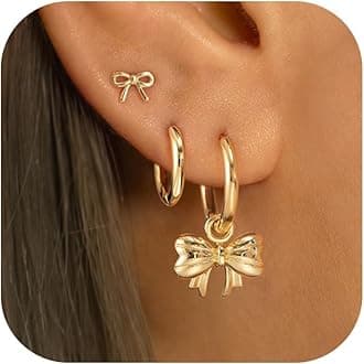 3 Pairs Small Hoop Earring Stacks, 14K Gold/Silver/Black/Rose Gold Plated Pearl Heart Butterfly Bow Star Moon Leaf Diamond Hoop Charm Drop Huggie Earrings Trendy Jewelry Gift for Women