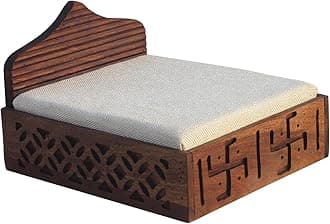 Swastik Wooden Laddu Gopal Bed(20.32 cm W x 25.4 cm L x 22.86 cm H), Natural Colour, Sheesham Wood, CNC Cutting, Swastik Design, Storage Available, Cushion Mattress on demoand (Swastik)