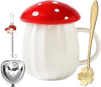 Yalucky Kawaii Cute Mushroom Mug Tea Cup Set Mushroom Stuff for Milk Coffee Tea Cup Mug with Lid Gifts for Girl Women Birthday Christmas Home Decor (Red)