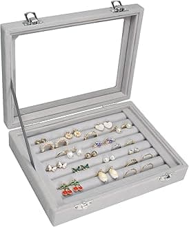 Vicoter Rings Organizer Tray 7 Slots Velvet Jewelry Earring Storage Box with Transparent lid Jewelry Display Case for Girls Wife Mom Women (Grey)