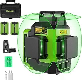 Huepar Laser Level 3x360 Self Leveling with 2 Li-ion Batteries, Batteries Life Can Reach Up to 16 Hours, 3D 12 Lines High Brightness Green Laser Level for Construction or Home Renovation, LS03CG