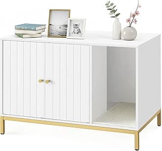 Cat Litter Box Enclosure, Hidden Litter Box Furniture with Scratch Pad, Front Entry, Double Cabinet Doors, Modern Style, 31.5" Cat House Washroom Side End Table, White and Gold