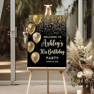 Generic Personalized Welcome Birthday Sign, Black And Gold, 30th Birthday, Balloons, 12x18, 27x18, 36x24, Luxury Modern Plastic Sign