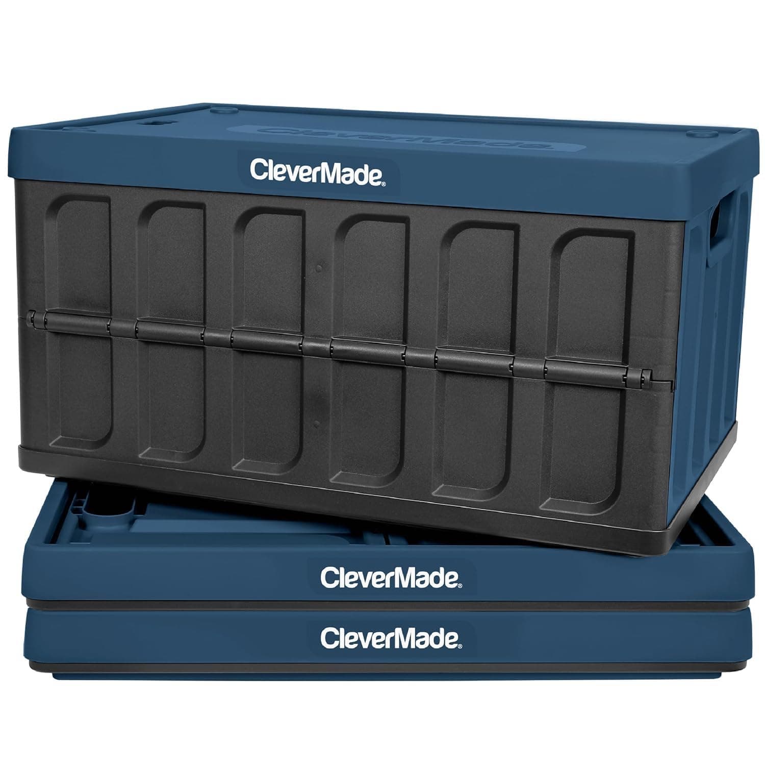 CleverMade 62L Collapsible Storage Bins with Lids - Folding Plastic Stackable Utility Crates, Solid Wall 3 Pack, Ocean