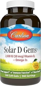Carlson - Solar D Gems, Vitamin D3 and Omega-3 Supplement, 2000 IU (50 mcg) Vitamin D3, 115 mg Omega-3s EPA and DHA Supplement, Wild Caught, Sustainably Sourced, Lemon, 360 Softgels