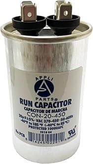 Appli Parts Run Capacitor for ac 20 Mfd uF (microfarads) 370 VAC or 450 VAC CBB65 Round Universal fit for hvac and other applications 3-3/8 in High 1-3/4 in Wide CON-20-450