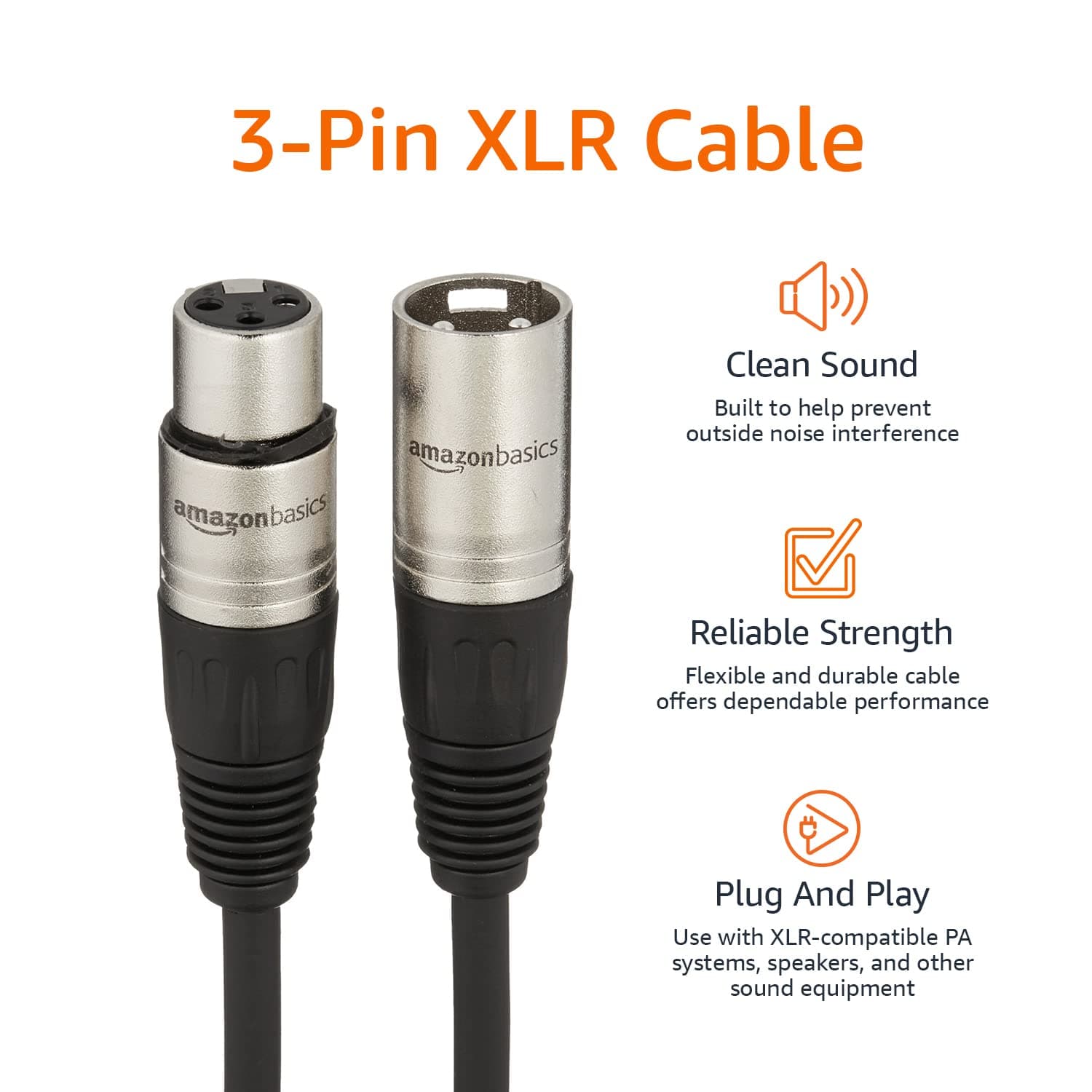 Amazon Basics XLR Microphone Cable for Speaker or PA System, All Copper Conductors, 6MM PVC Jacket, 7.6 m, Black