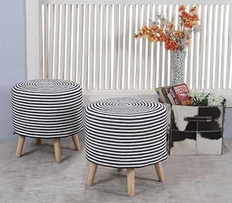 Sitting Solutions for Home - Wooden Frame Round Ottomans | Ottoman for Living Room Set of 2 for Sitting | Bedroom, Study & Makeup Table, 16x16x18 Inch (Black&White-Chakri-1)