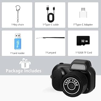 Mini Keychain Camera, FHD 1080p 8MP Mini Digital Camera with 32GB SD Card, 0.96" HD Display, 100 Mins Battery Life for Travel Recording Birthday Gifts (Retro, Black)