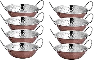 Set of 6 Indian Copper Balti Dishes 20cm Traditional Curry Bowls with Handles Handcrafted Copper Pots for Indian Food & Restaurant Serving