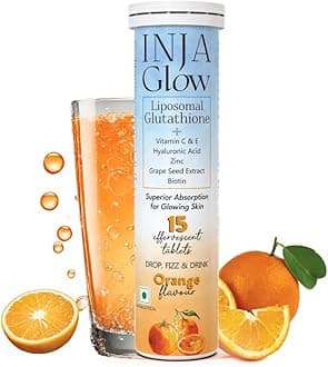 INJA Glow Liposomal Glutathione with Vitamin C & E, Hyaluronic Acid, Zinc, Biotin & Grape Seed Extract, 4x More Effective, Reduces Dark Spots, Enhances Skin Glow & Collagen, Orange Flavour, 15 Tablets