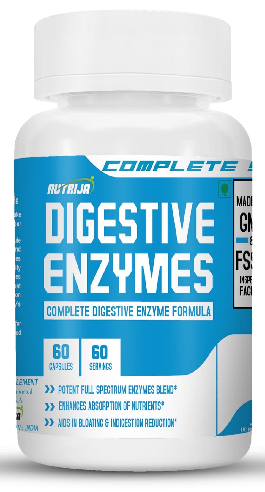 Nutrija Complete Digestive Enzymes- Full spectrum Digestive Ezyme Supplement-Pack Of 60 Capsules