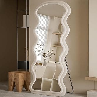 Koonmi 71"x32" Wavy Mirror Full Length, Flannel Floor Mirror, Large Floor Standing Mirror Wall Mounted with Flannel Wrapped Frame for Bedroom & Living Room, White