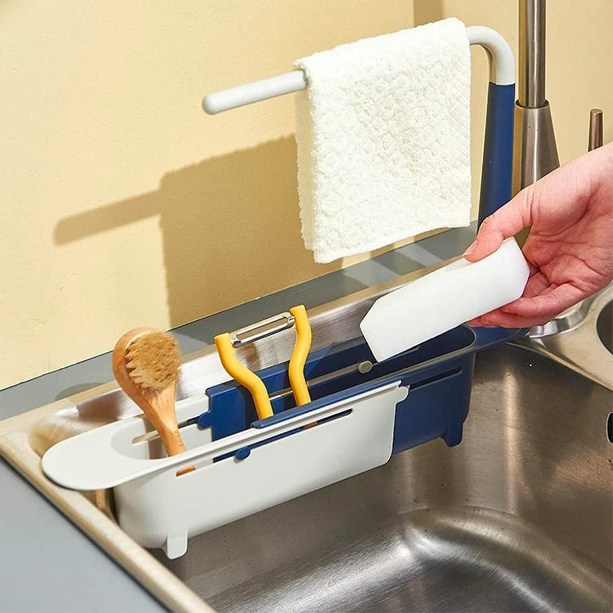 Updated Telescopic Sink Storage Rack Holder with 2 Sponge, Adjustable Telescopic 2-in-1 Sink Storage Rack Holder with Dishcloth for Home Kitchen(Blue)