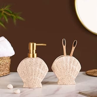 Nestasia Ceramic Bathroom Accessories Set of 2 - Liquid Soap Pump Dispenser & Toothbrush Holder for Bathroom & Wash Basin - Beige Beach Shell Bath Set - Perfect for Gifting