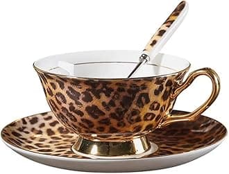 YBK Tech Euro Style Bone China Cup& Saucer Set, Ceramic Tea Coffee Cup for Home Kitchen Wedding (Leopard Pattern)