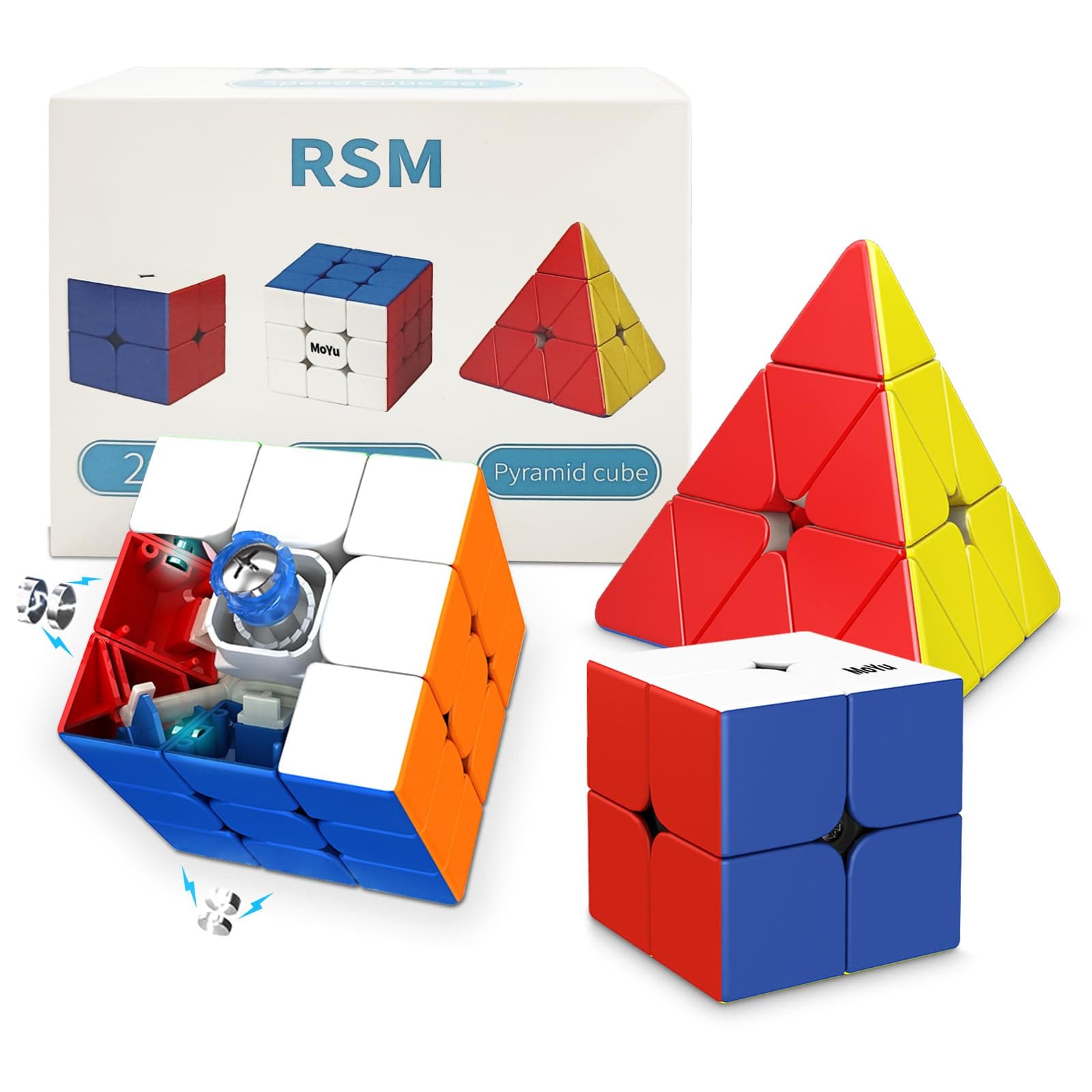 Speed Cube Set MOYU RS3M Version,3 Pack 2x2 3x3 Pyramid Magnetic Cube Smooth Stickerless Easy Turning Fast Puzzle Cube