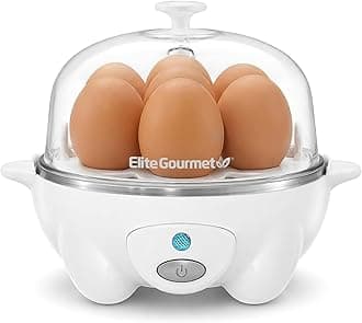 Elite Gourmet EGC-007## Rapid Egg Cooker, 7 Easy-To-Peel, Hard, Medium, Soft Boiled Eggs, Poacher, Omelet Maker, Auto Shut-Off, Alarm, 16-Recipe Booklet, White