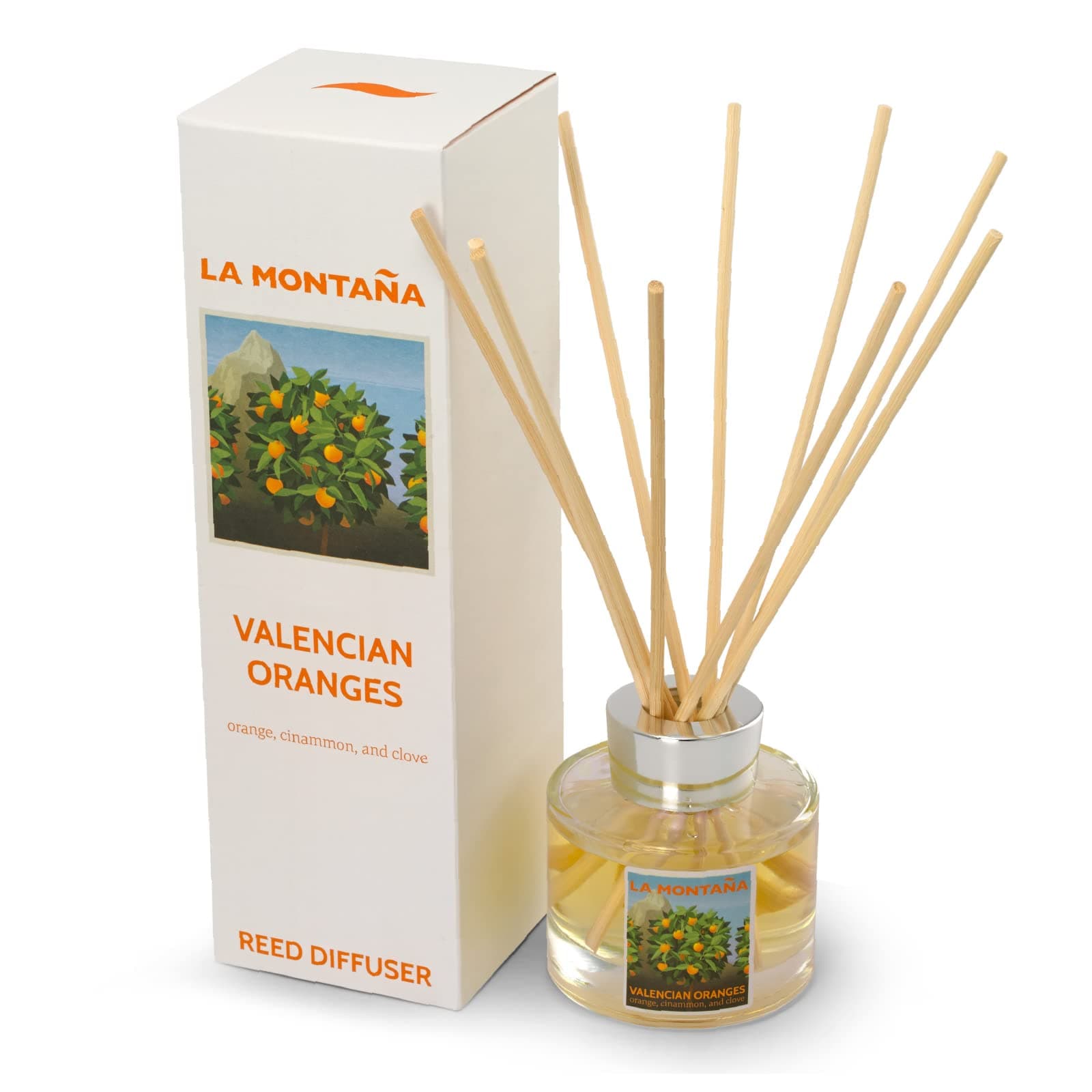 La Montaña Reed Diffuser Winter Oranges | Large Reed Diffuser Inspired by Spain | Fill Your Home with Warm Room Fragrances | Valencia Orange, Cinnamon, Red Apple, & Clove