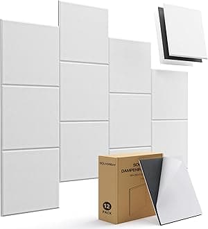 Soundproof Wall Panels, 12 Pack Mass Loaded Vinyl Sound Proof Barrier Acoustic Panels Self-Adhesive, 12''x12''x0.4'' Square Sound Proof Panels for Walls, Home Office, Reccording Studio, Ceiling White