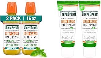 TheraBreath Mouthwash & Toothpaste Bundle, Antigingivitis Antiseptic Alcohol Free Mint Flavor, Fights Bad Breath Plaque Tartar (Pack of 2)