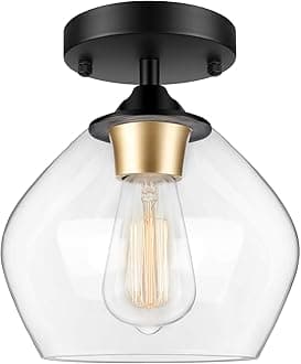 Modern Semi Flush Mount Ceiling Light with Clear Glass Shade, Industrial Close to Ceiling Light, Black Hanging Ceiling Light Fixture for Hallway, Dining Room, Bedroom, Entryway, Cafe, Bar, Foyer