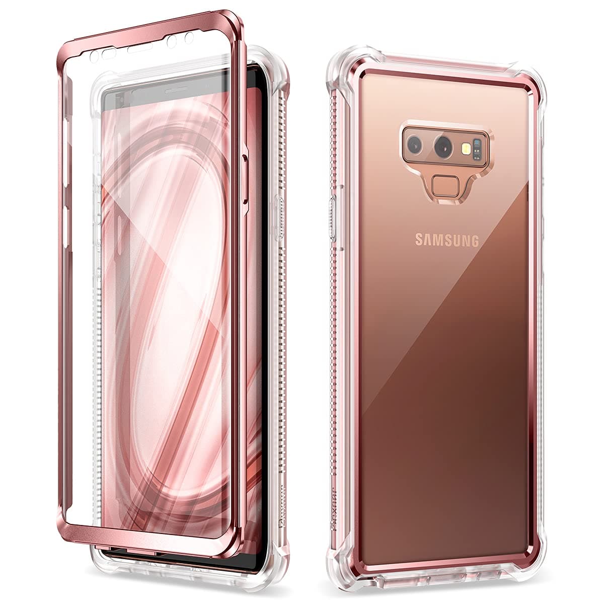 Dexnor Compatible with Samsung Galaxy Note 9 Case with Screen Protector Electroplated Frame Clear Back Cover Rugged 360 Full Body Protective Shockproof Heavy Duty Bumper for Women -Metallic Pink