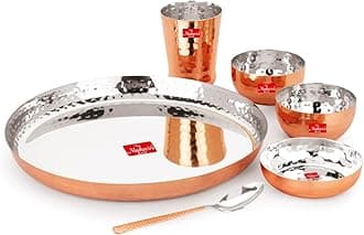 Round Copper Hammered Finish Dinner Sets Used for Home & Restaurant with 1 Thali, 2 Bowls, 1 Sweet Dish, 1 Glass & 1 Spoon-Set of 6